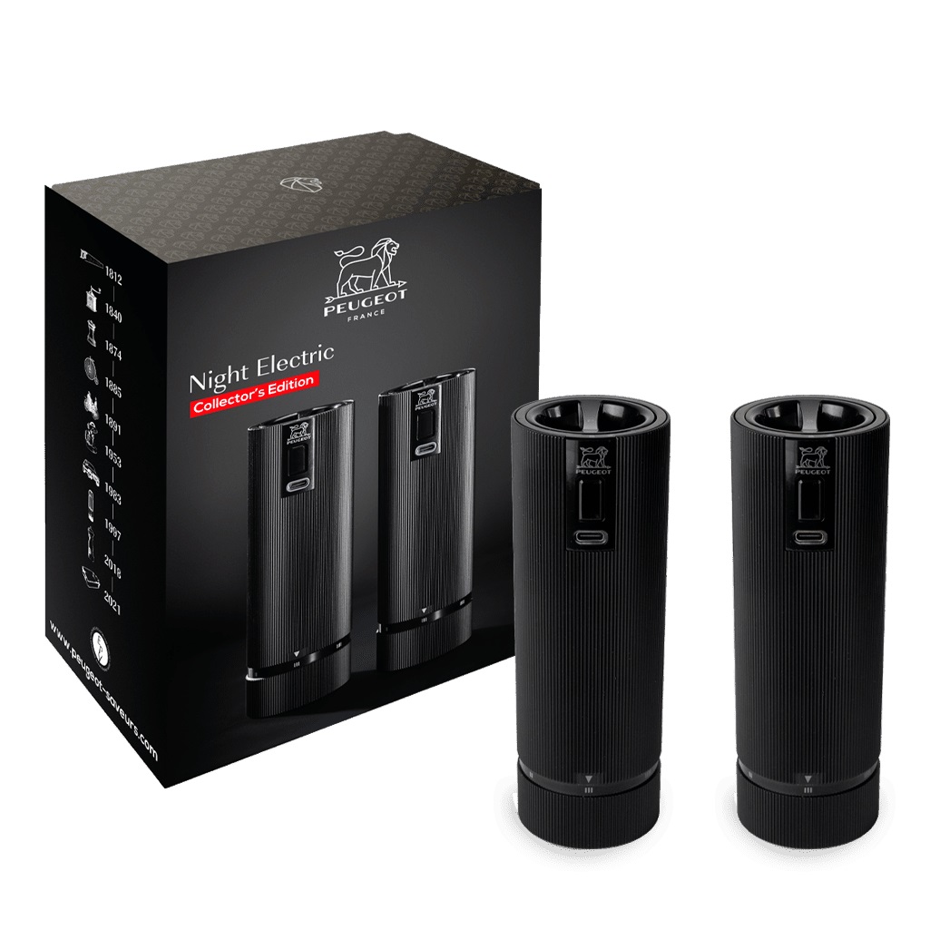 Coffret cadeau line noir mat 15 cm - duo de moulins à poivre et à sel électriques night electric - peugeot saveurs