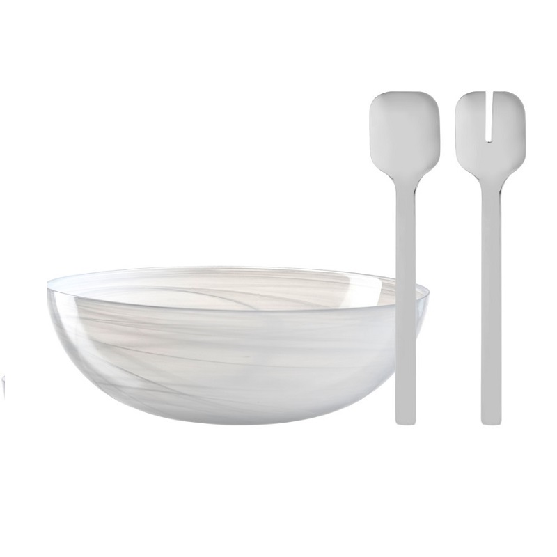 Saladier alabastro blanc avec couverts a salade en acier 28 cm - leonardo 