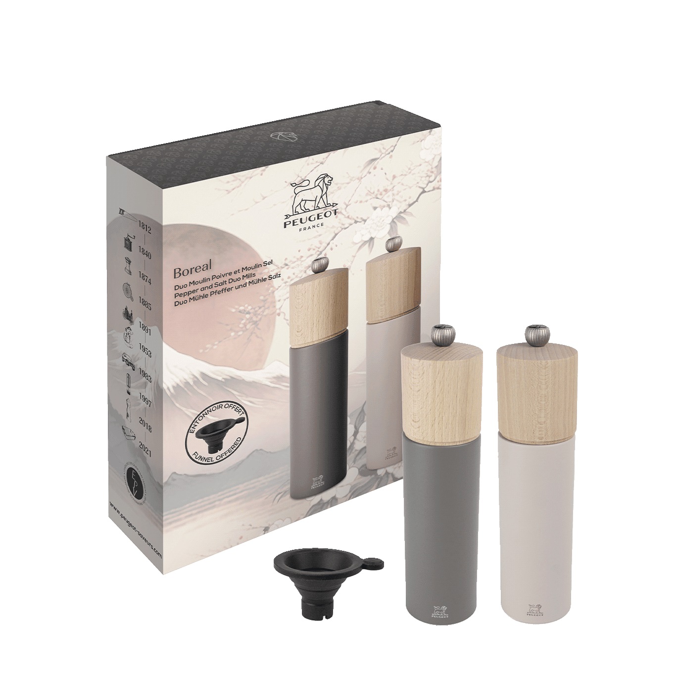 Coffret cadeau - duo de moulins à poivre et à sel boreal 21 cm et son entonnoir en silicone - peugeot saveurs