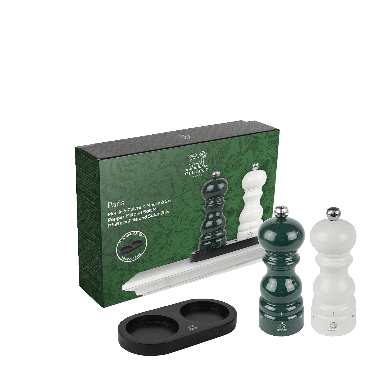Coffret cadeau - duo de moulins à poivre et à sel u’select paris 15 cm, accompagné d'un plateau en bambou noir - peugeot saveurs