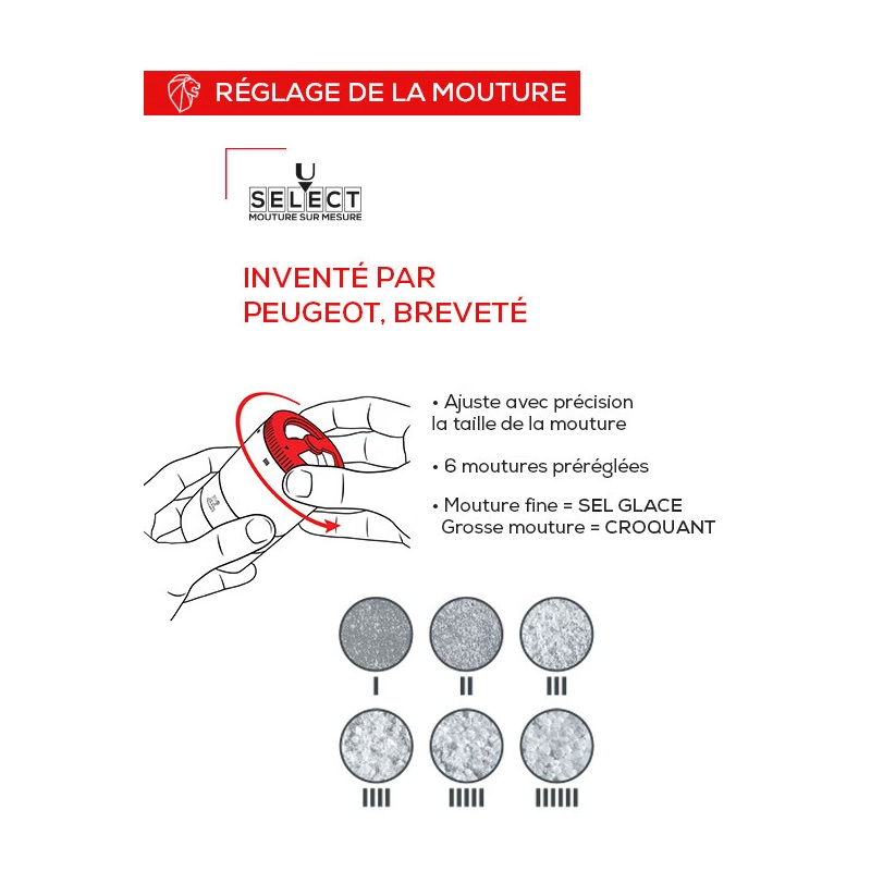 Maestro bar à sels - moulin à sel u'select accompagné de 3 réservoirs interchangeables, 2 sels d'origine et 1 mélange aromatique - peugeot saveurs
