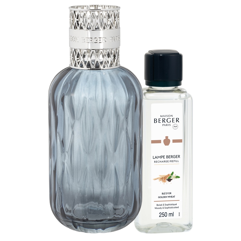 Coffret lampe diffuseur de parfum à catalyse quintesse bleue + 250ml blé d'or - maison berger paris