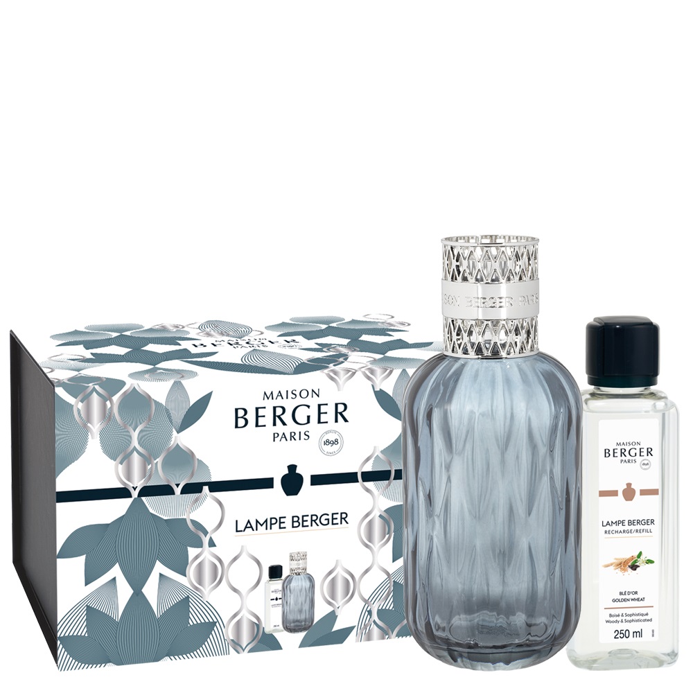 Coffret lampe diffuseur de parfum à catalyse quintesse bleue + 250ml blé d'or - maison berger paris