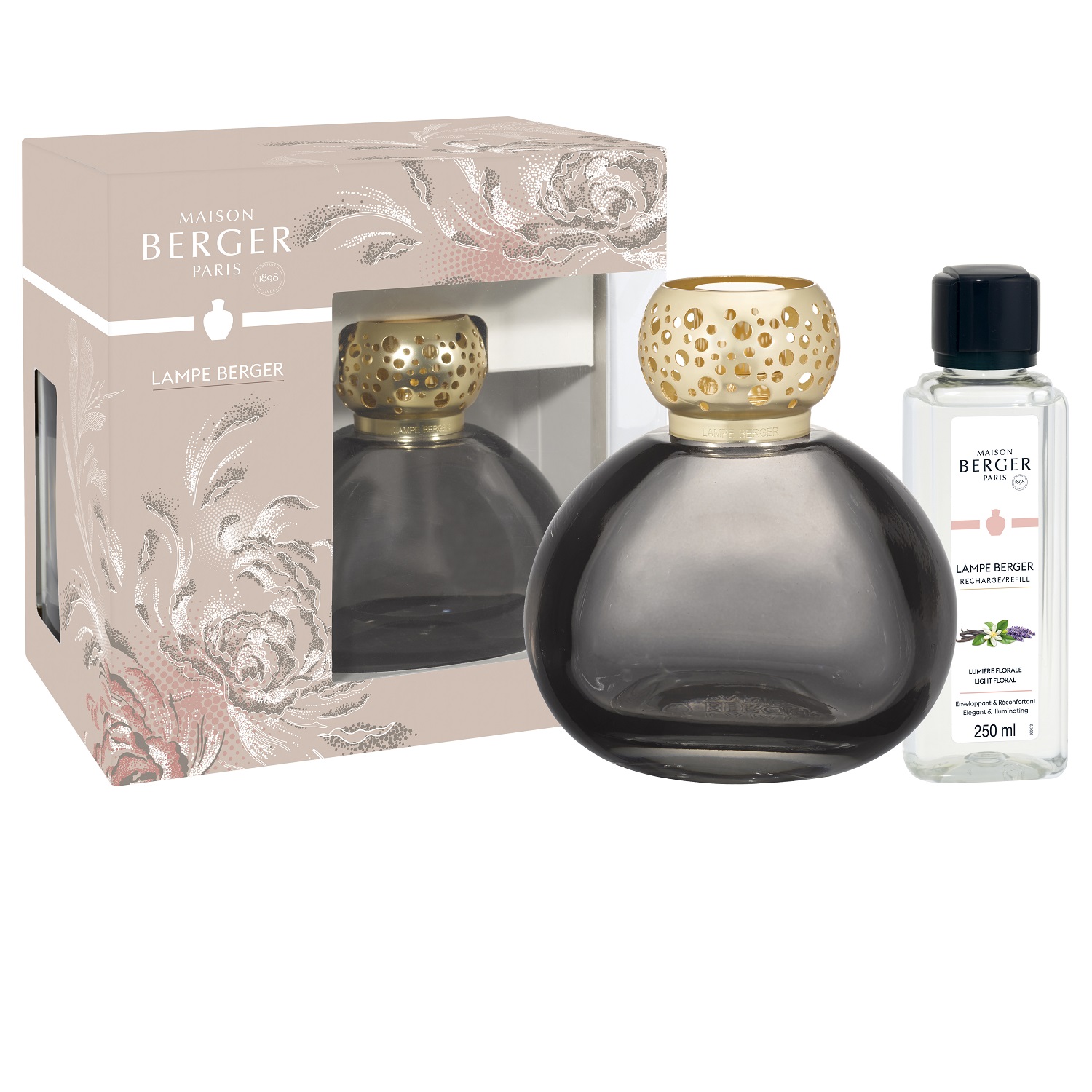 Coffret lampe berger ophelia noire diffuseur à catalyse + 250ml lumière florale - maison berger paris