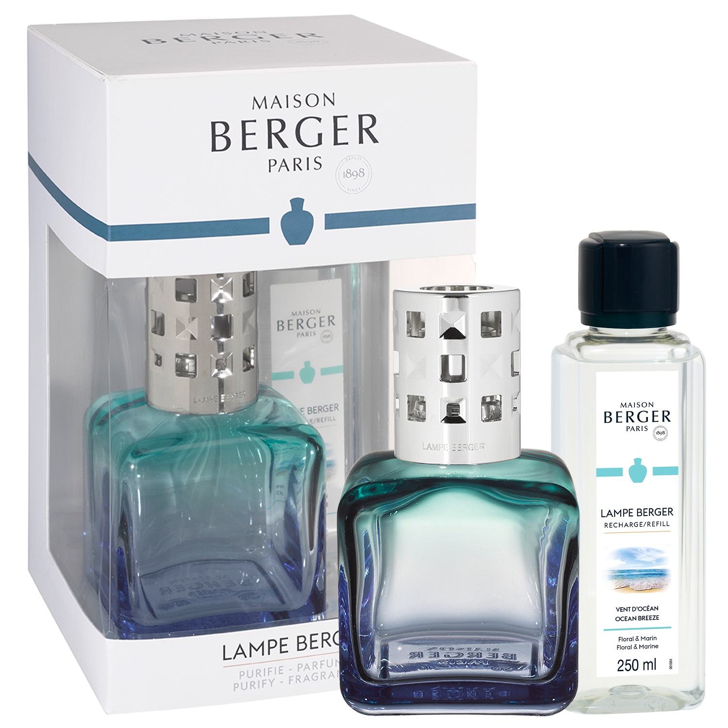 Coffret lampe berger glaçon turquoise-bleue diffuseur à catalyse + 250ml vent d'océan - maison berger paris