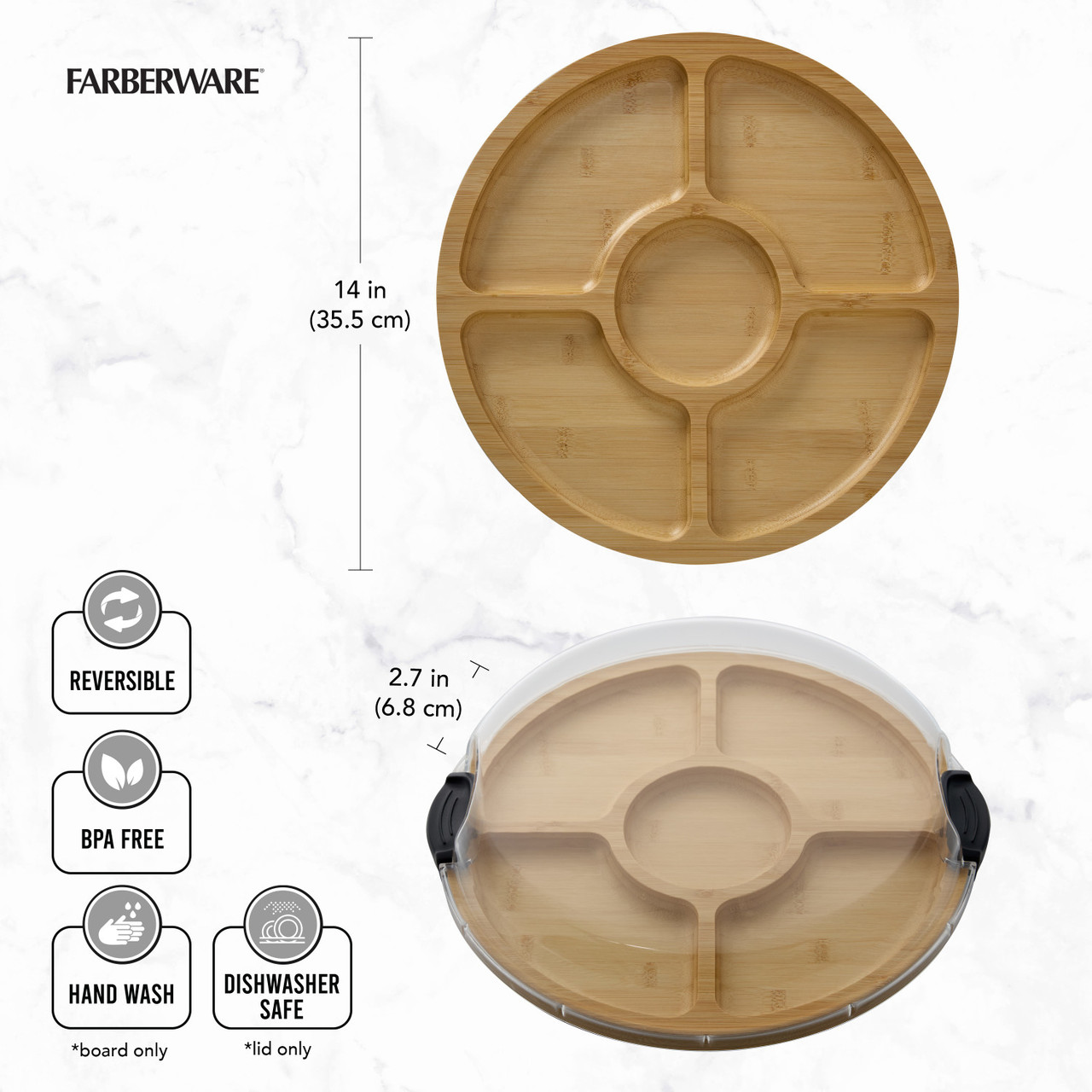 Plateau de service divisé en bambou transportable build-a-board de farberware, ø35,5 cm - kitchencraft