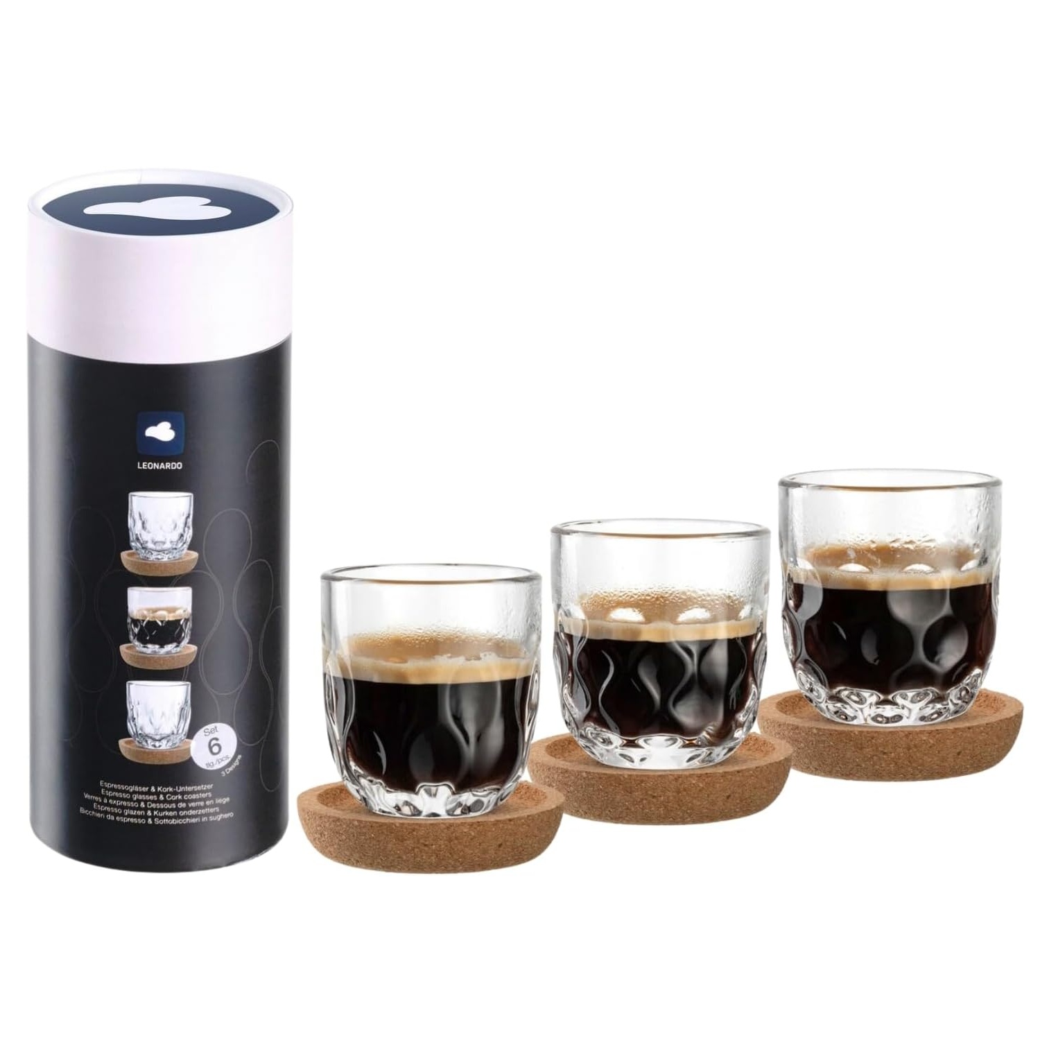 Lot de 3 verres à ristretto gocce avec sous verre en liège 60 ml - leonardo