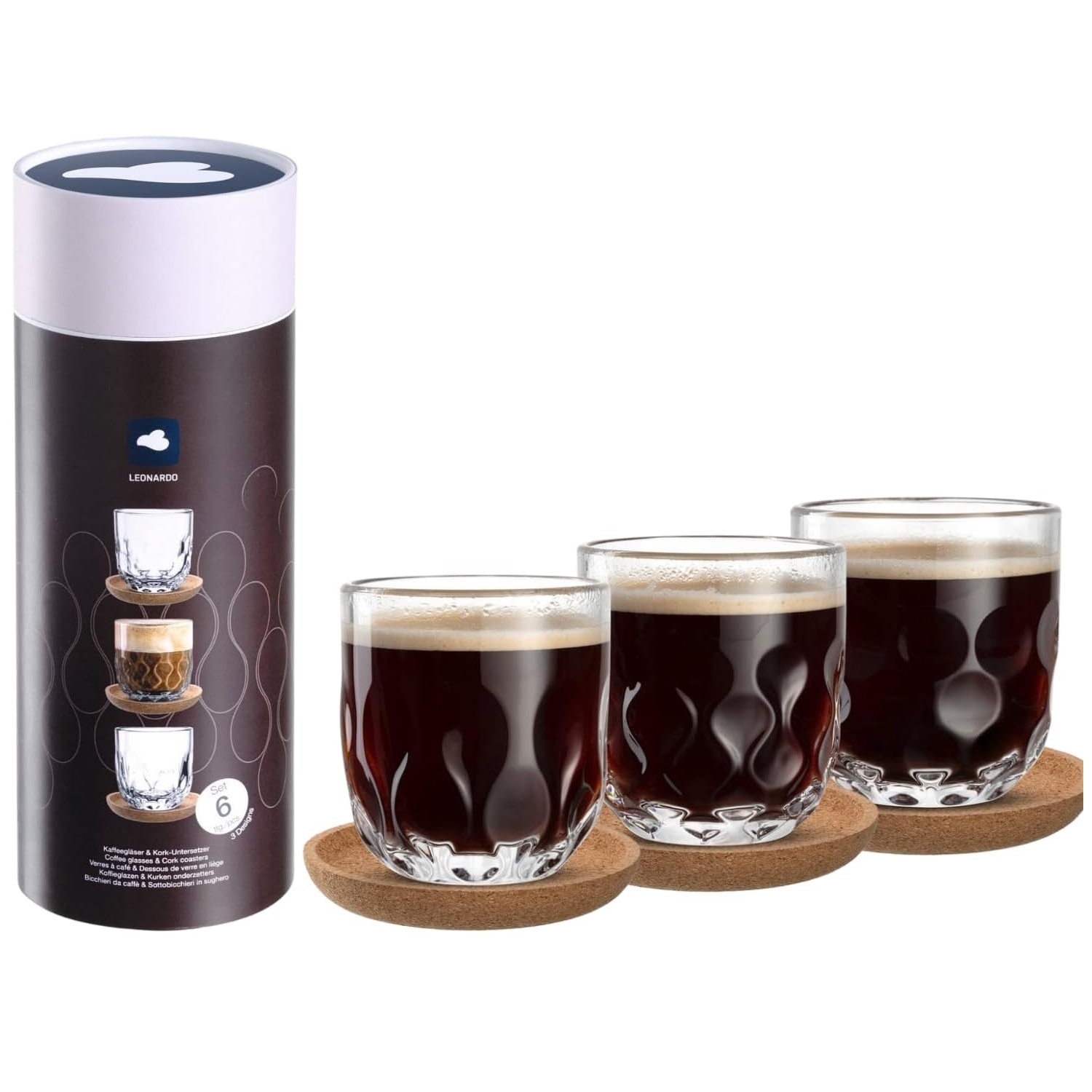 Lot de 3 verres à expresso gocce avec sous verre en liège 215 ml - leonardo