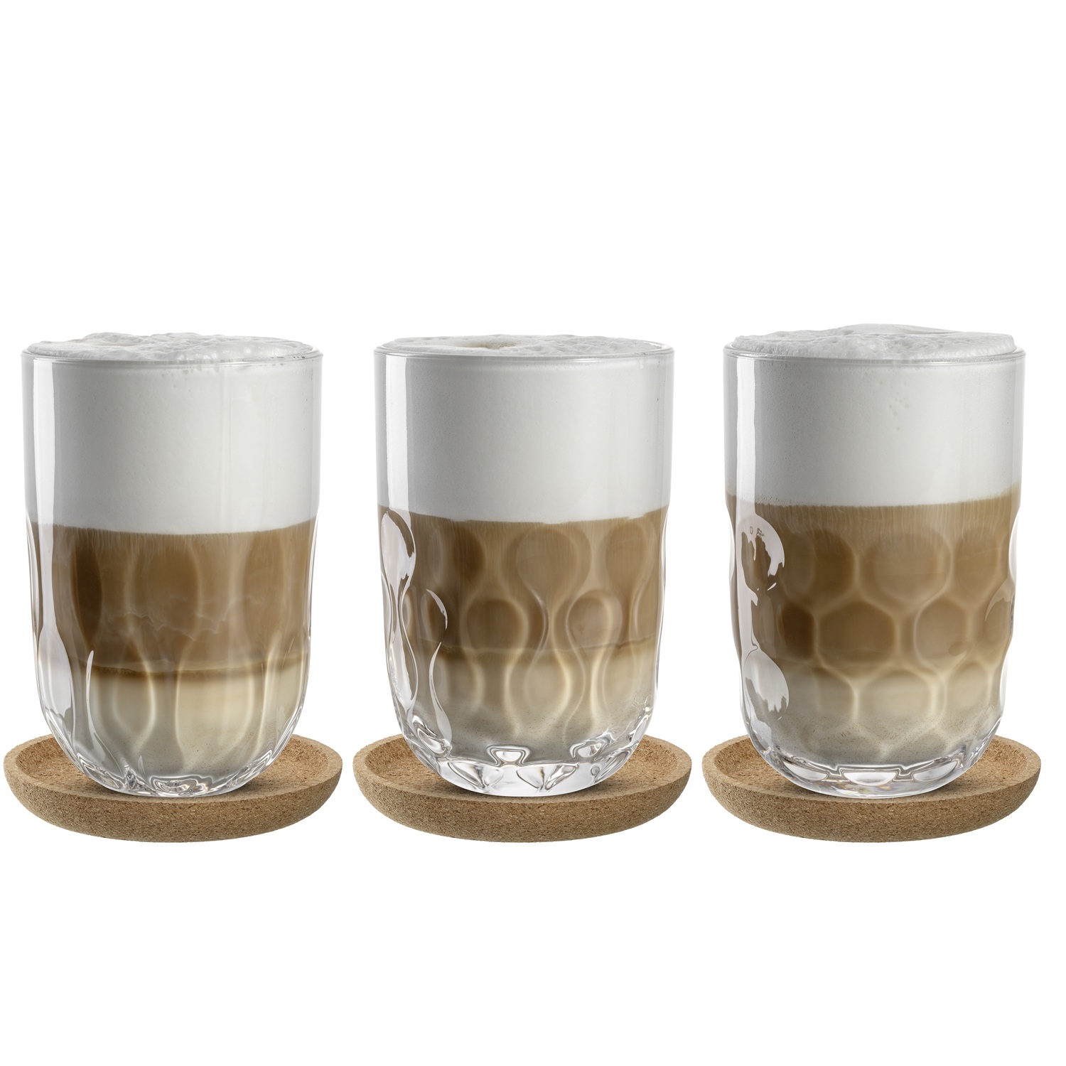 Lot de 3 verres à latte macchiato gocce avec sous verre en liège 390 ml - leonardo