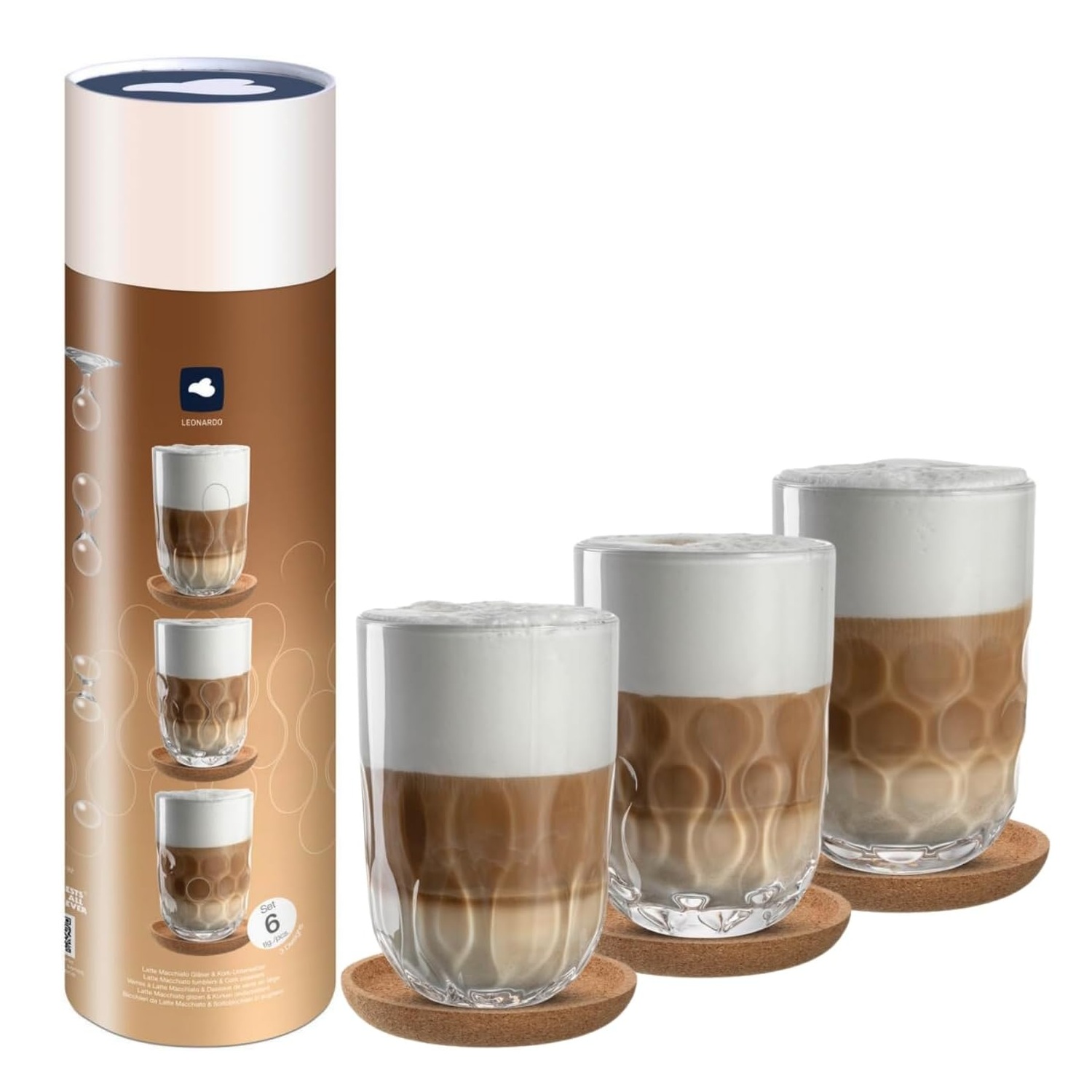 Lot de 3 verres à latte macchiato gocce avec sous verre en liège 390 ml - leonardo