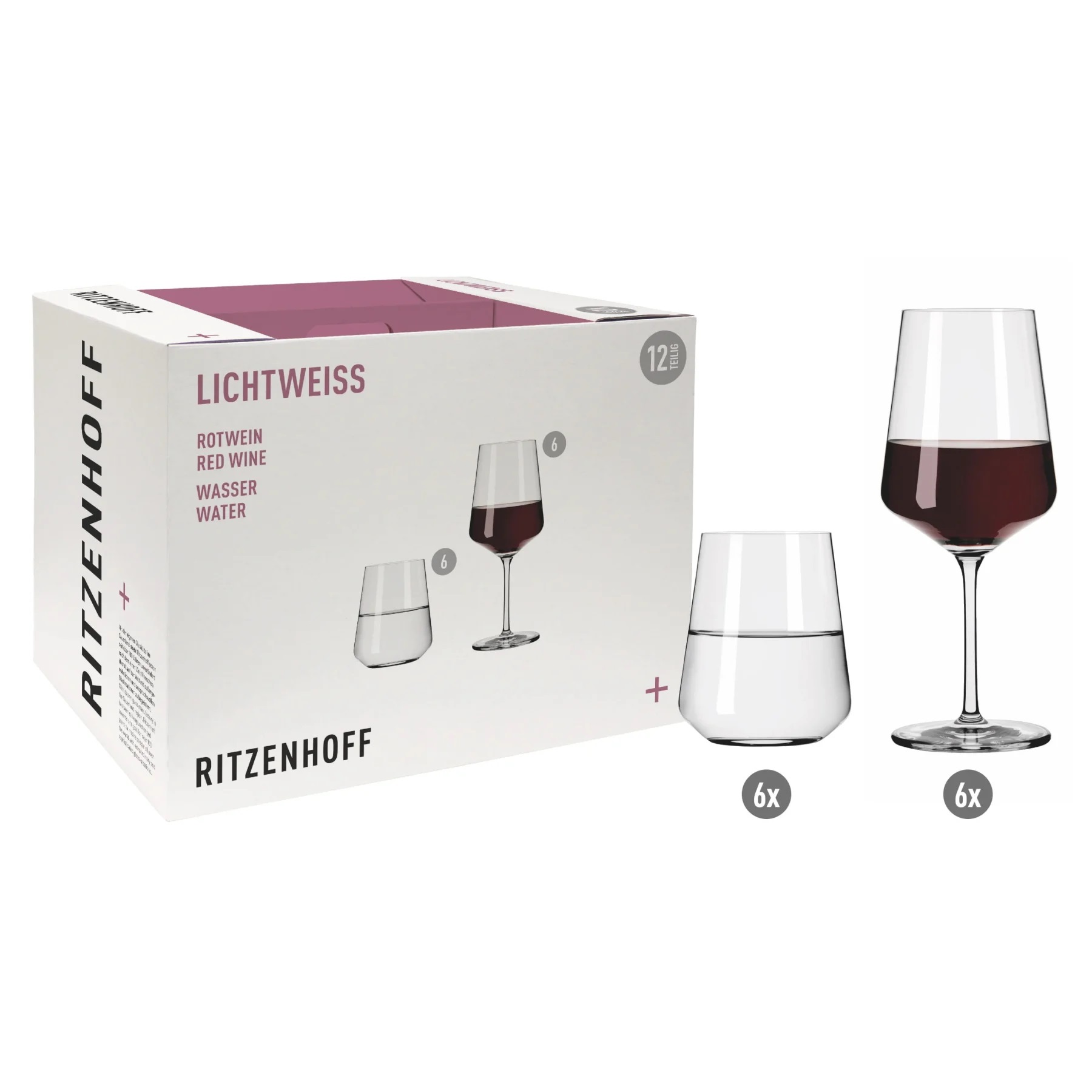 Lot de 12 verres - 6 gobeletes à eau et 6 verrres à vin, lichtweiss julie - ritzenhoff