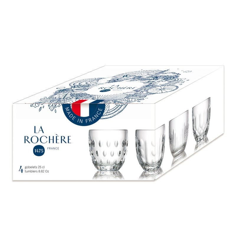 Coffret de 4 gobelets à eau troquet assortis 23 cl 4 motifs différents - la rochere