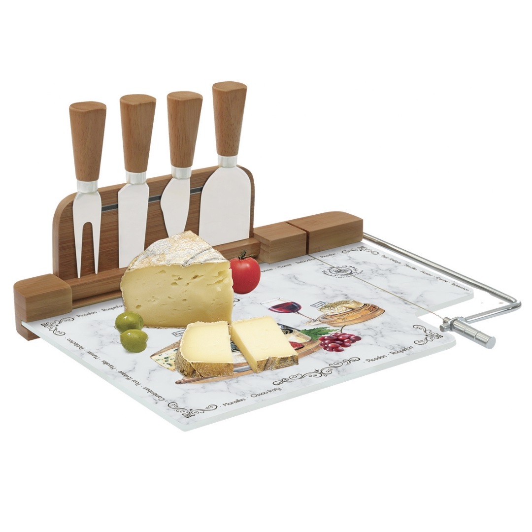 Plateau à fromage rectangulaire avec 4 couteaux à fromage et 1 lyre à foie gras les fromages de nos regions - easylife