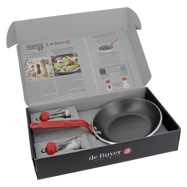 Coffret poele ronde anti adhesive choc resto induction 20 cm + 2 moulins marlux - queuefeuillard rivetee - de buyer