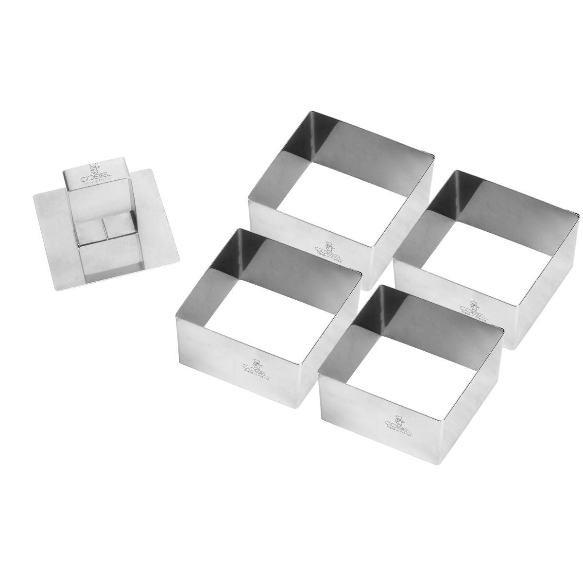 Boîte de 4 carrés à entremets 70 x 70 x 40 mm et poussoir inox - gobel