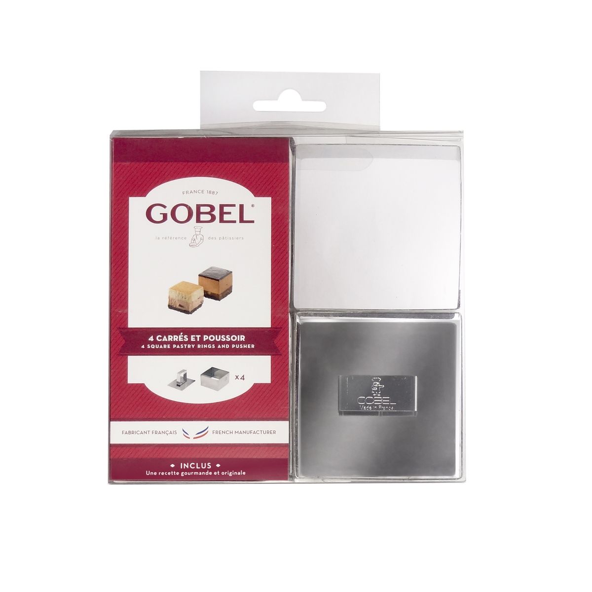 Boîte de 4 carrés à entremets 70 x 70 x 40 mm et poussoir inox - gobel