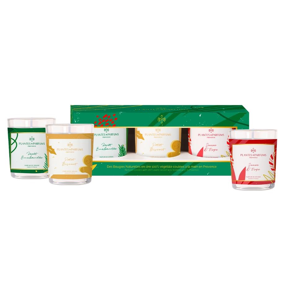 Coffret cadeau 3 bougies parfumées, forêt, biscuit et sucre d'orge - plantes et parfums de provence