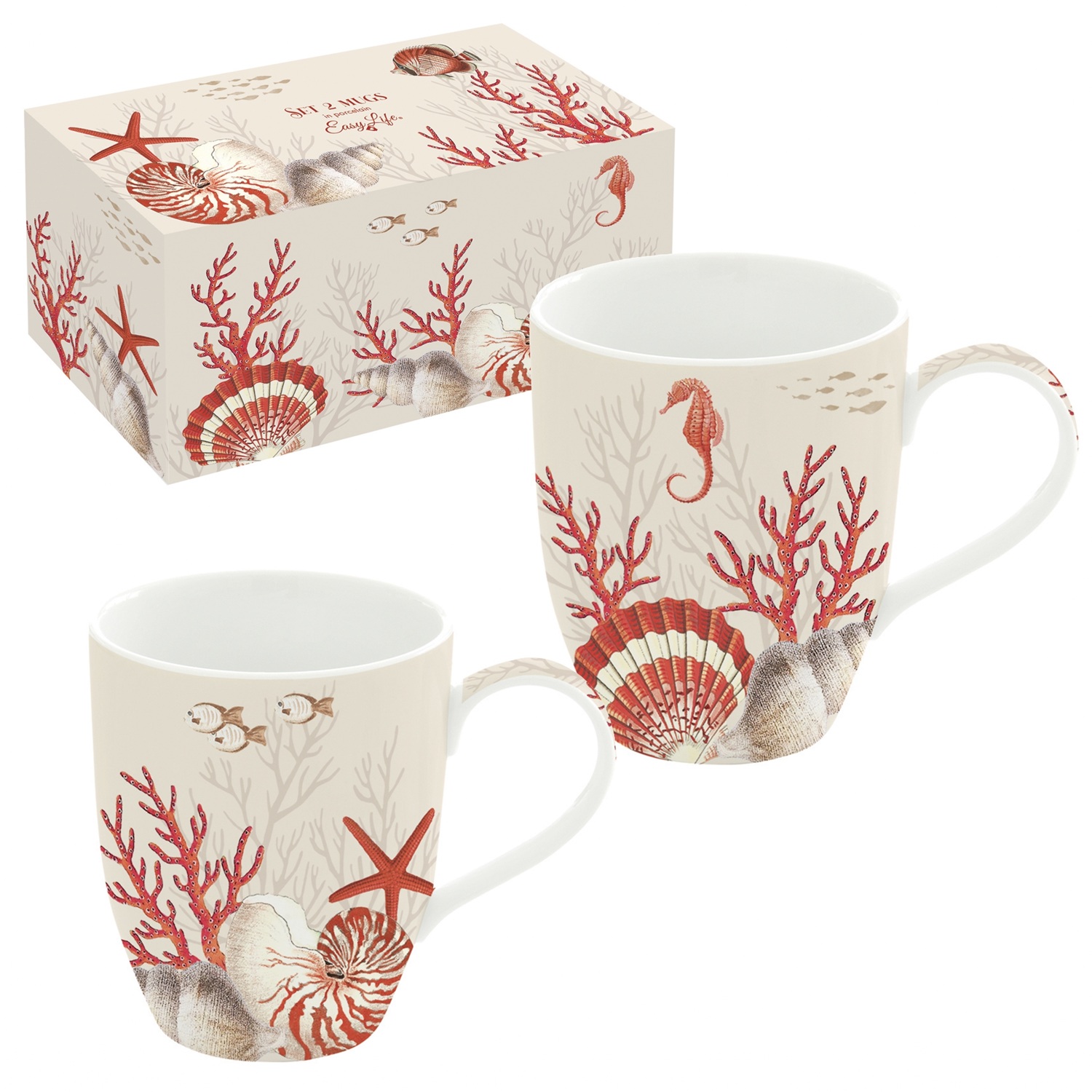 Coffret 2 mugs en porcelaine 35 cl décor corail reef - easylife