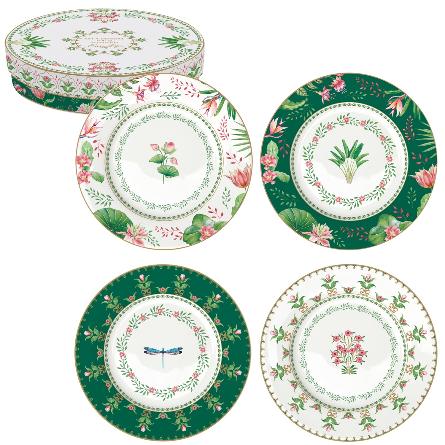 Coffret 4 assiettes à dessert 19 cm botanic chic - easylife