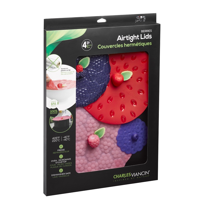 Lot de 4 couvercles hermetique en silicone decor fruits rouges assortis 10 - 25 - 23 - 28 cm- charles viancin