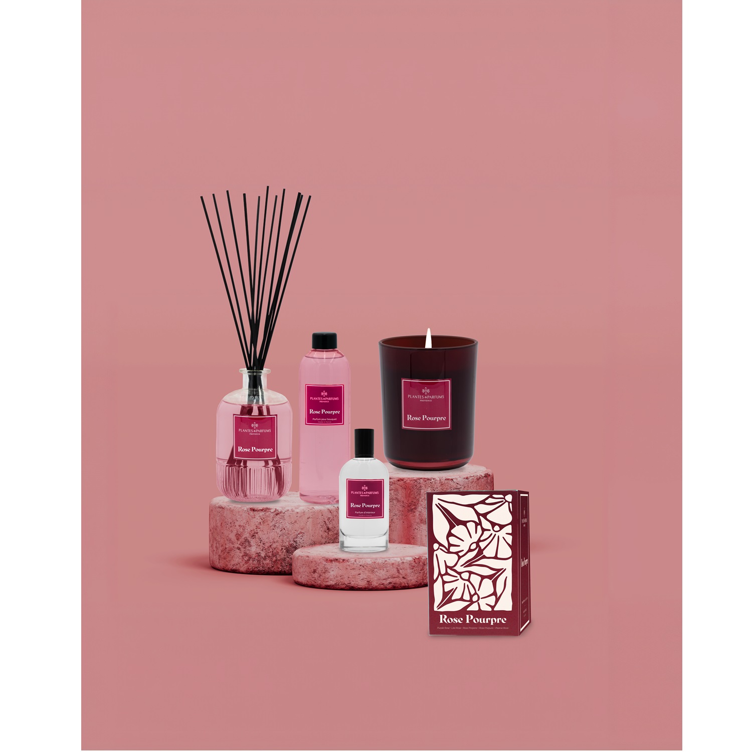 Rose pourpre bouquet brins parfumés 450 ml parfum de prestige - plantes et parfums provence