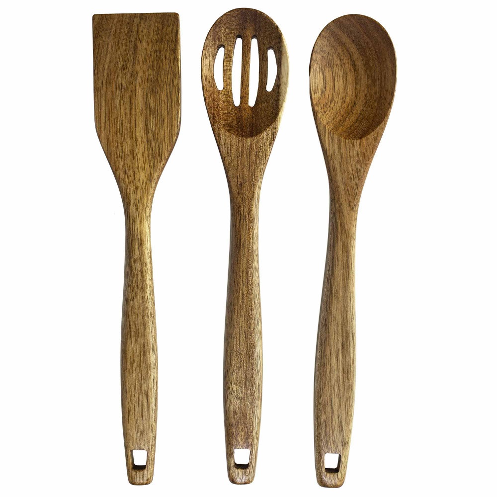 Lot de 3 ustensiles de cuisine en accacia, spatule; cuillère, cuillère perforée - totally bamboo