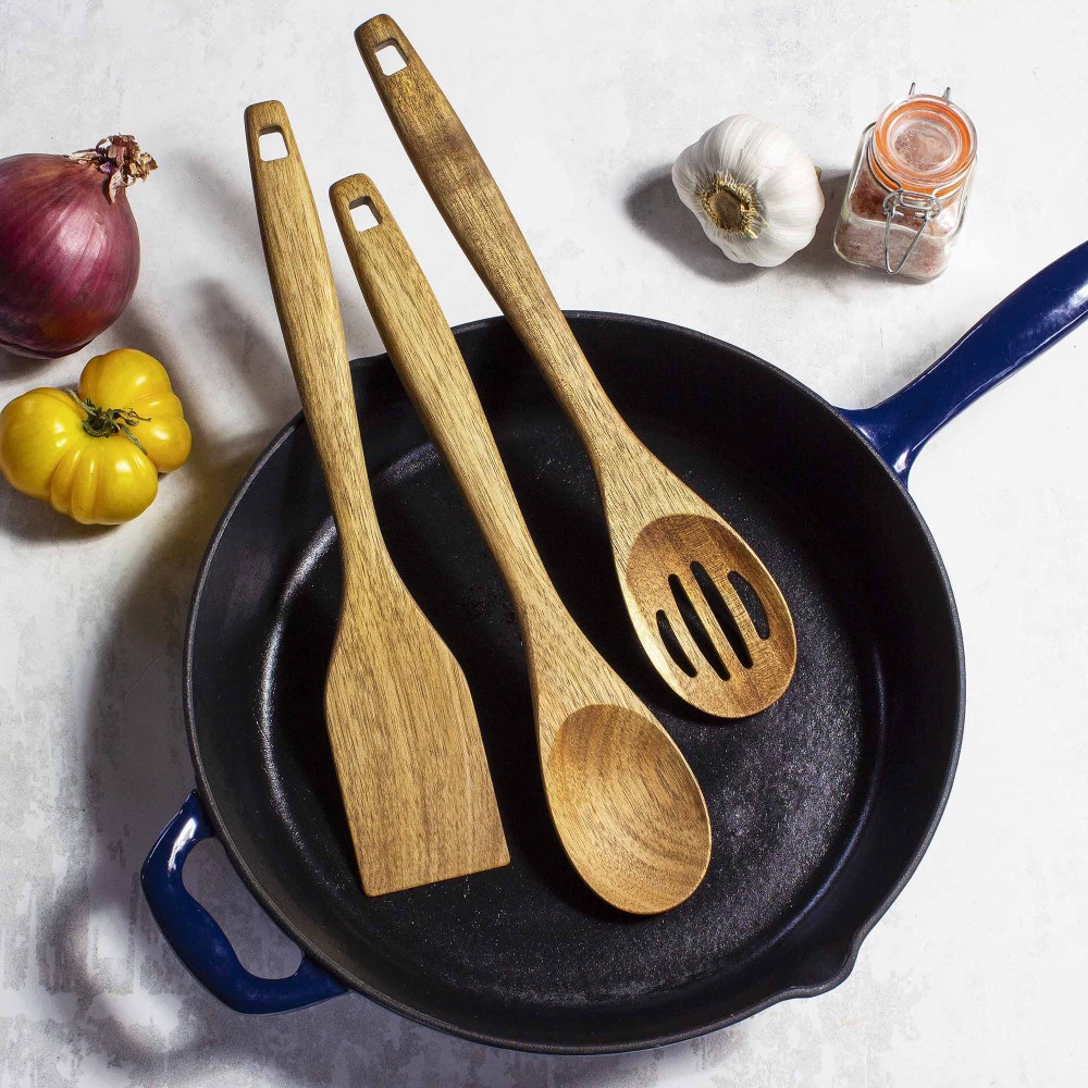 Lot de 3 ustensiles de cuisine en accacia, spatule; cuillère, cuillère perforée - totally bamboo