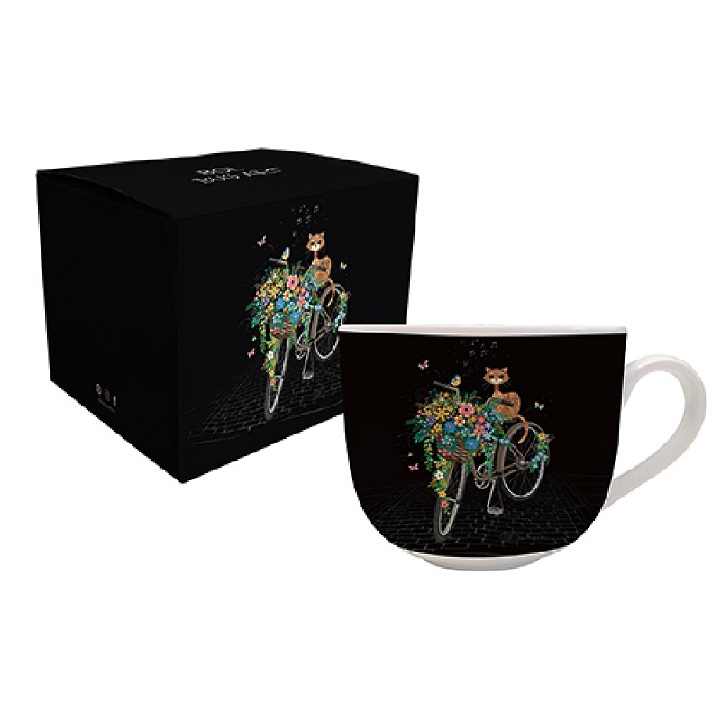 Tasse dejeuner porcelaine en boite cadeau 55 cl jewels chat velo - kiub