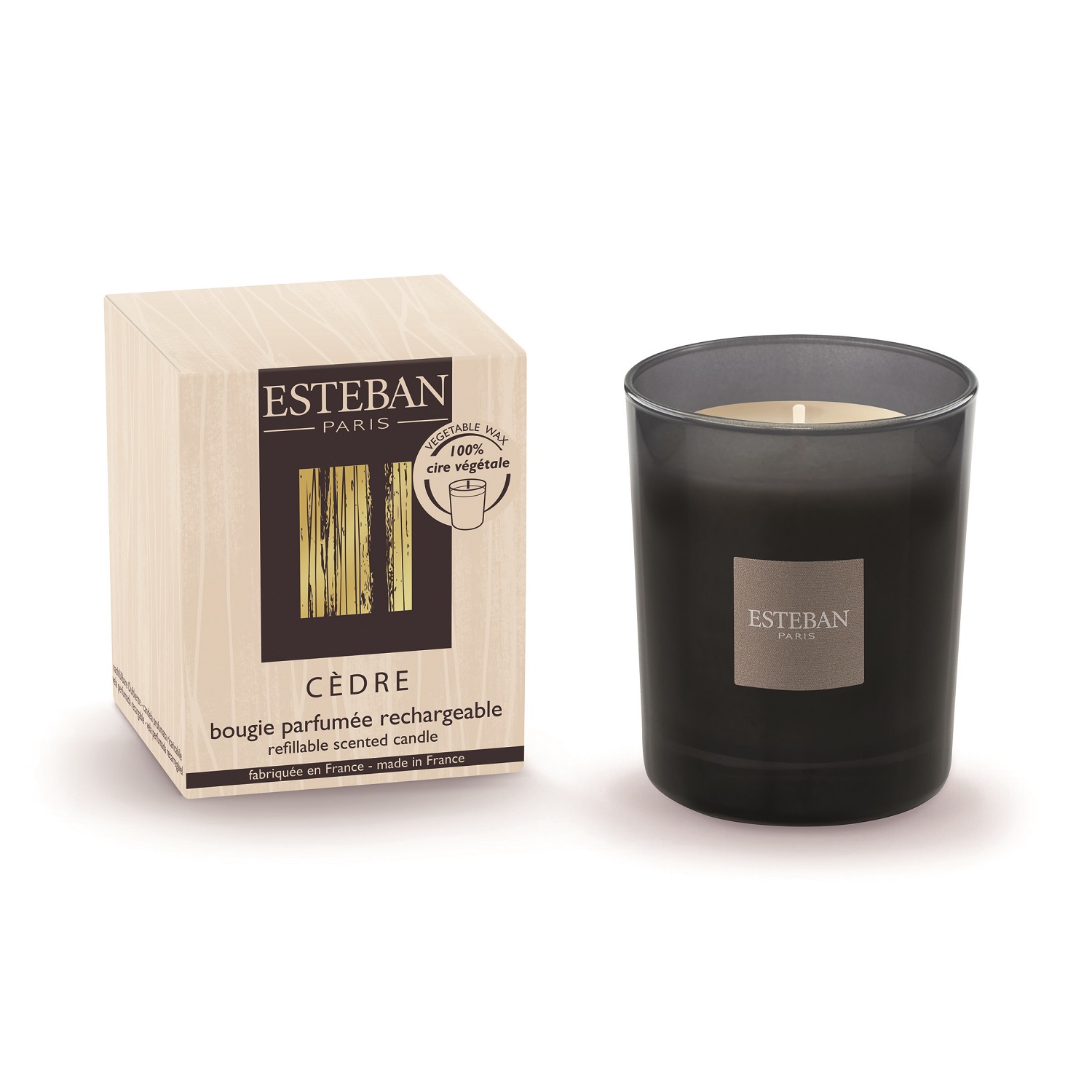 Cèdre, bougie parfumée initiale rechargeable 180g - esteban