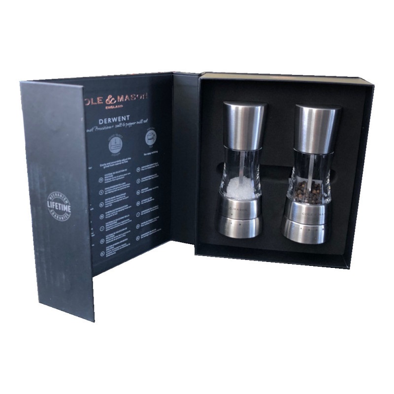 Coffret 1 moulin a sel et 1 moulin a poivre derwent inox 16 cm - cole et mason