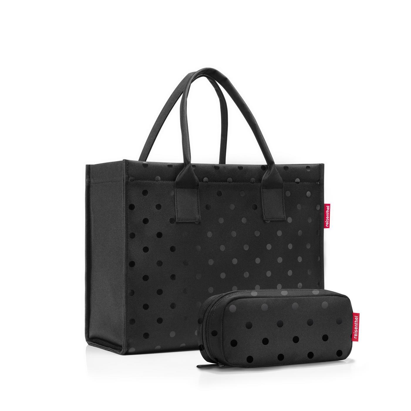 Set daily shopper jacquard glossy dots black sac shopping 42 x 35 x 17 cm + trousse de maquillage - reisenthel