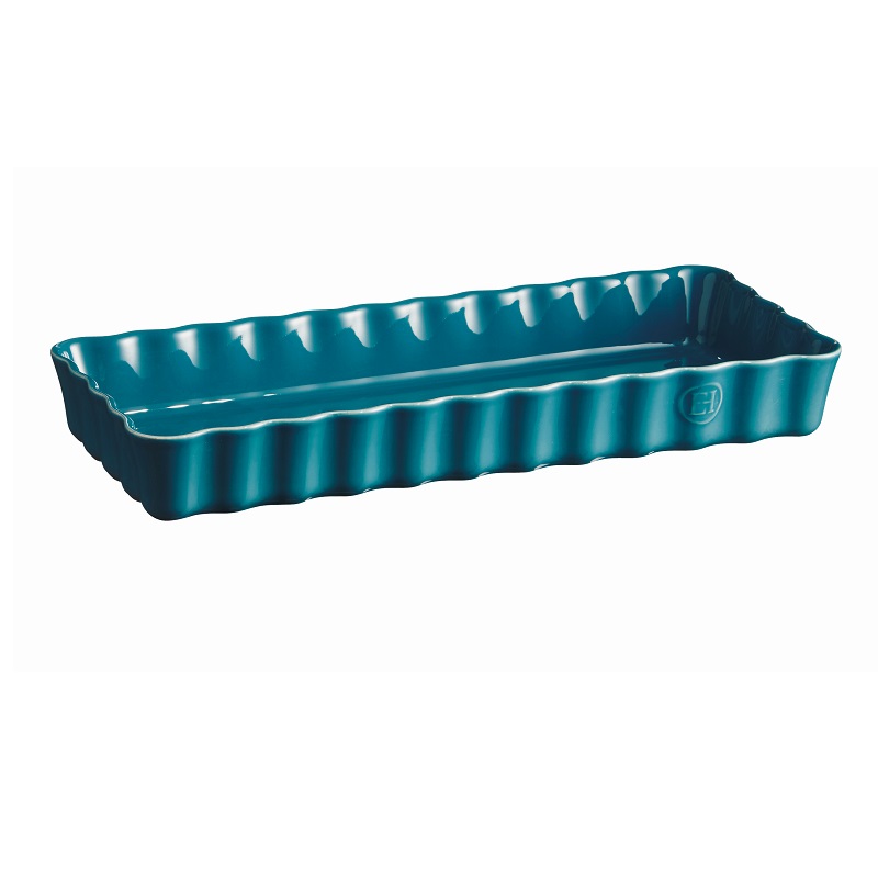 Plat a tarte tourtiere rectangulaire longue 36 x15 cm bleu calanque- emile henry 