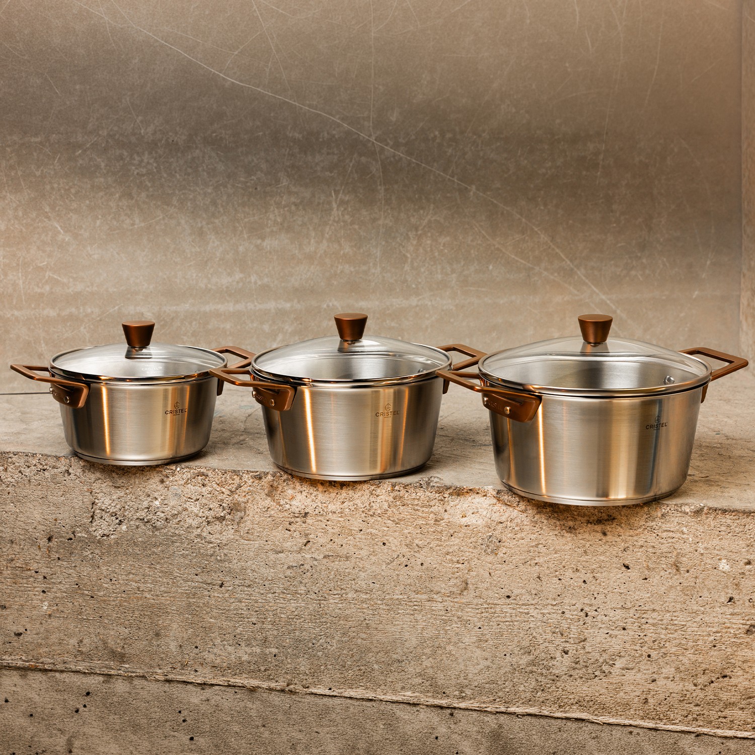 Faitout inox brossé poignée cuivré avec couvercle collection bicentenaire ø18cm - cristel