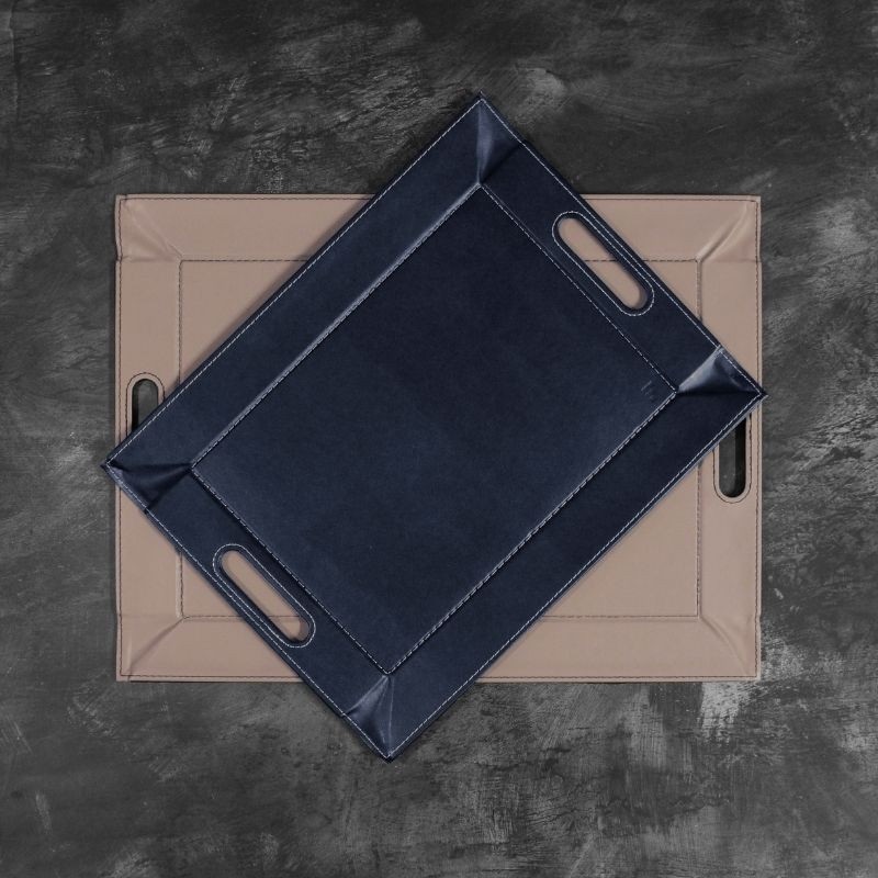 Plateau set de table bicolore bleu encre - taupe 45x35 cm - freeform