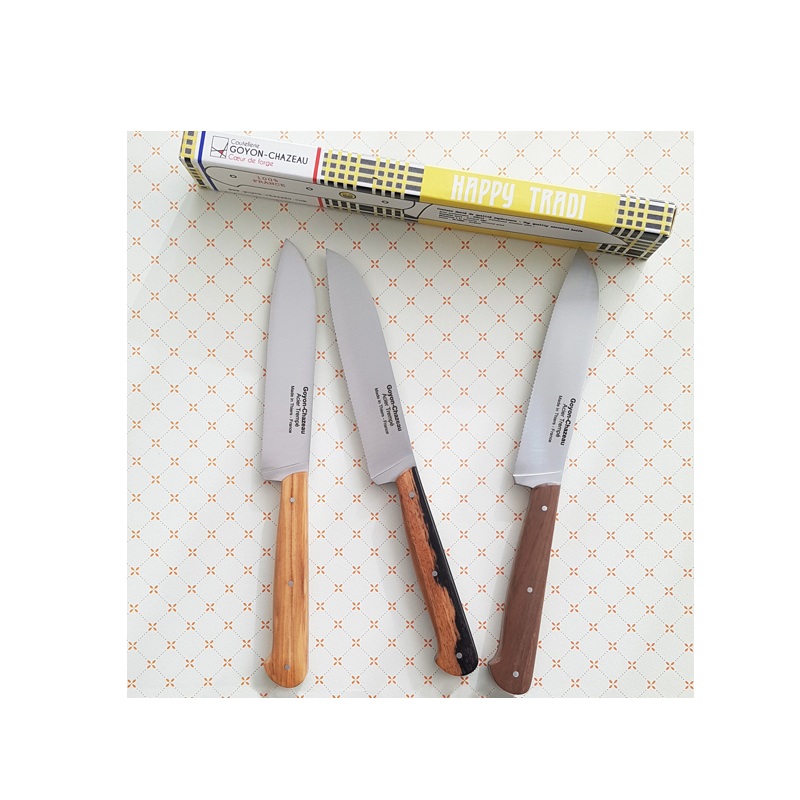 Couteau happy tradi multi-usages micro-denté, noyer vieilli 24 cm - goyon chazeau