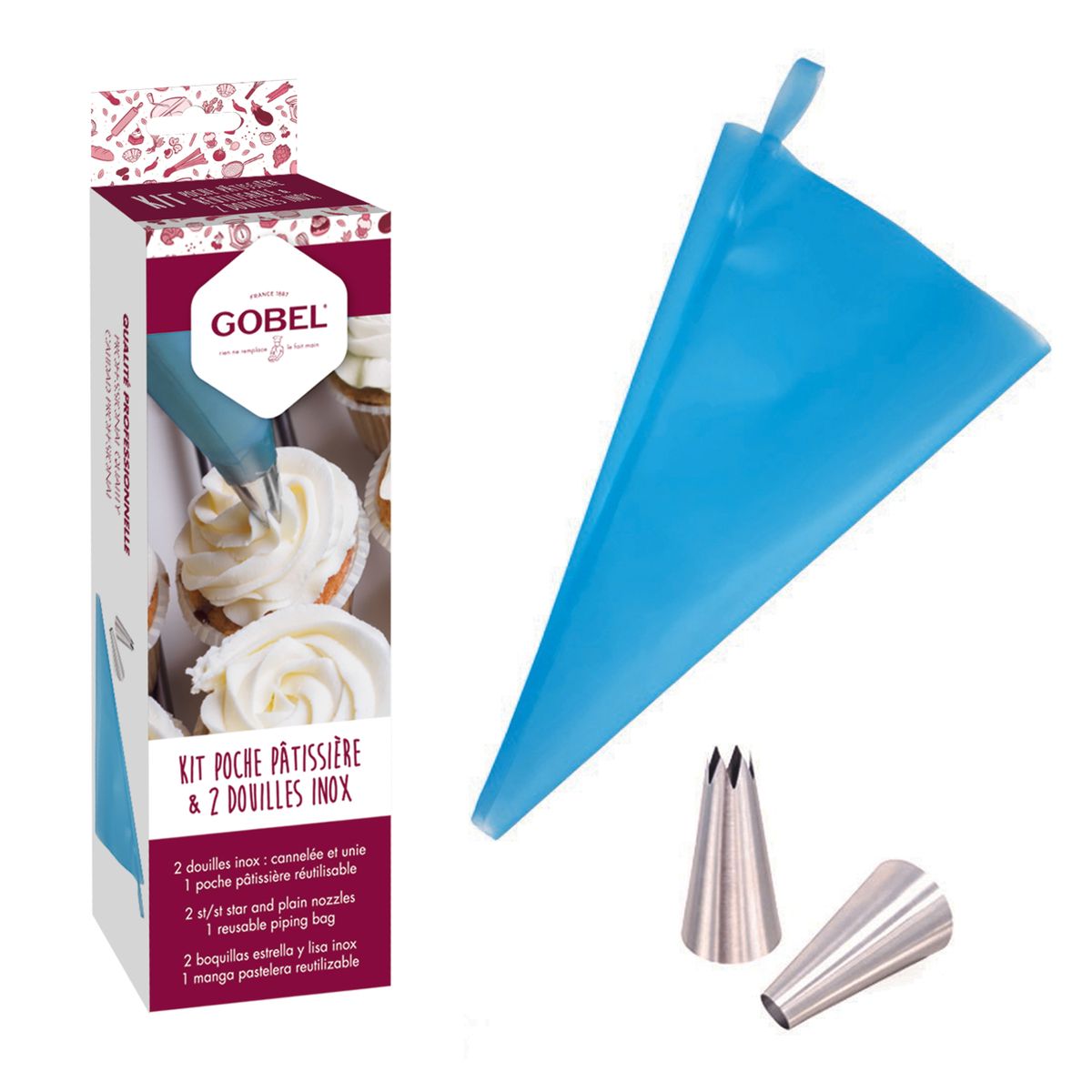 Kit 1 poche pâtissière réutilisable grand format 35 cm et 2 douilles - ustensiles a patisserie - gobel