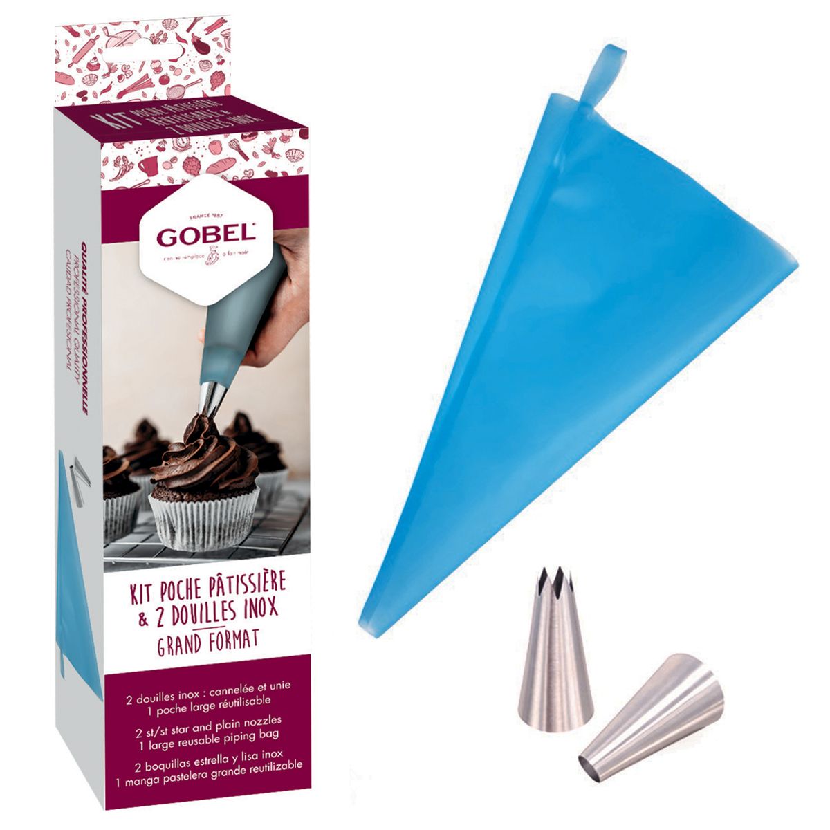 Kit 1 poche pâtissière réutilisable grand format 45 cm et 2 douilles - ustensiles a patisserie - gobel