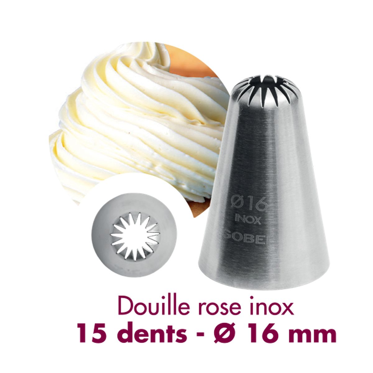 Douille à pâtisserie rose - inox - 15 dents - ø 16 mm - gobel