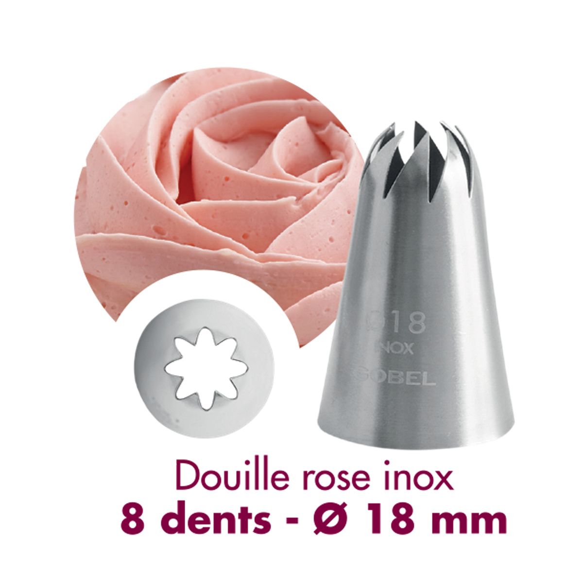 Douille à pâtisserie rose - inox - 8 dents - ø 18 mm - gobel