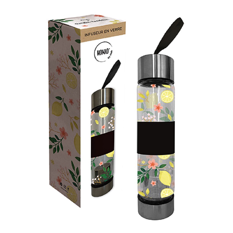 Bouteille infuseur en verre 40 cl bouchon inox jardin citrons - kiub