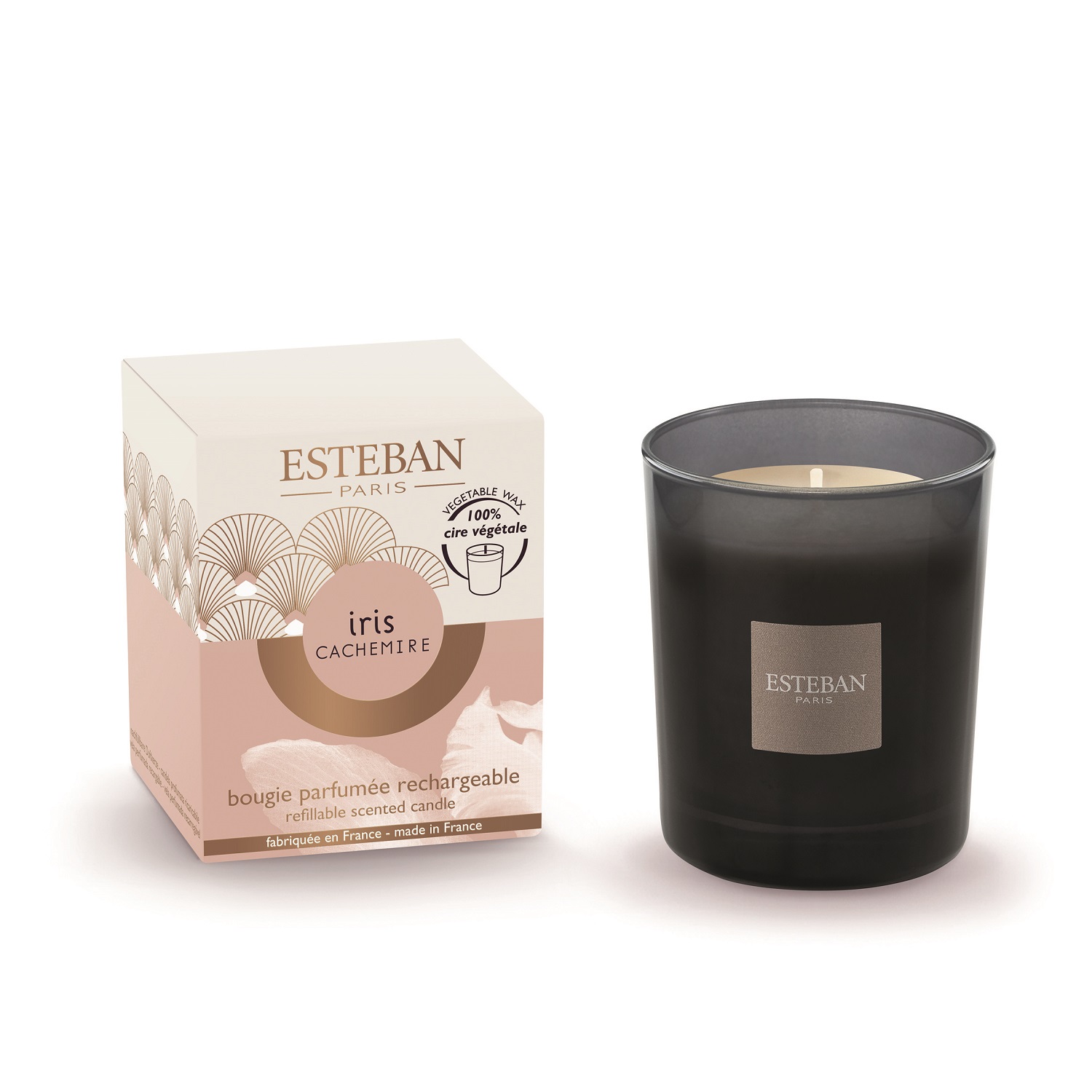 Iris cachemire, bougie parfumée initiale rechargeable 180g - esteban