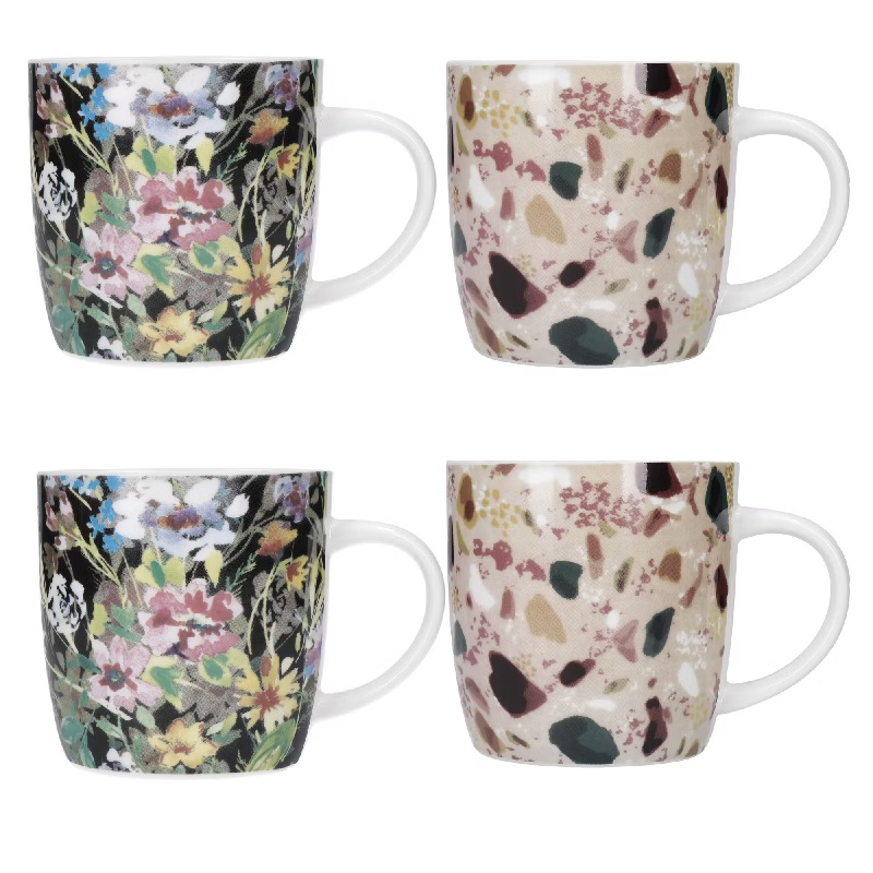 Lot de 4 mugs assortis 425 ml decor floral terrazzo - kitchencraft