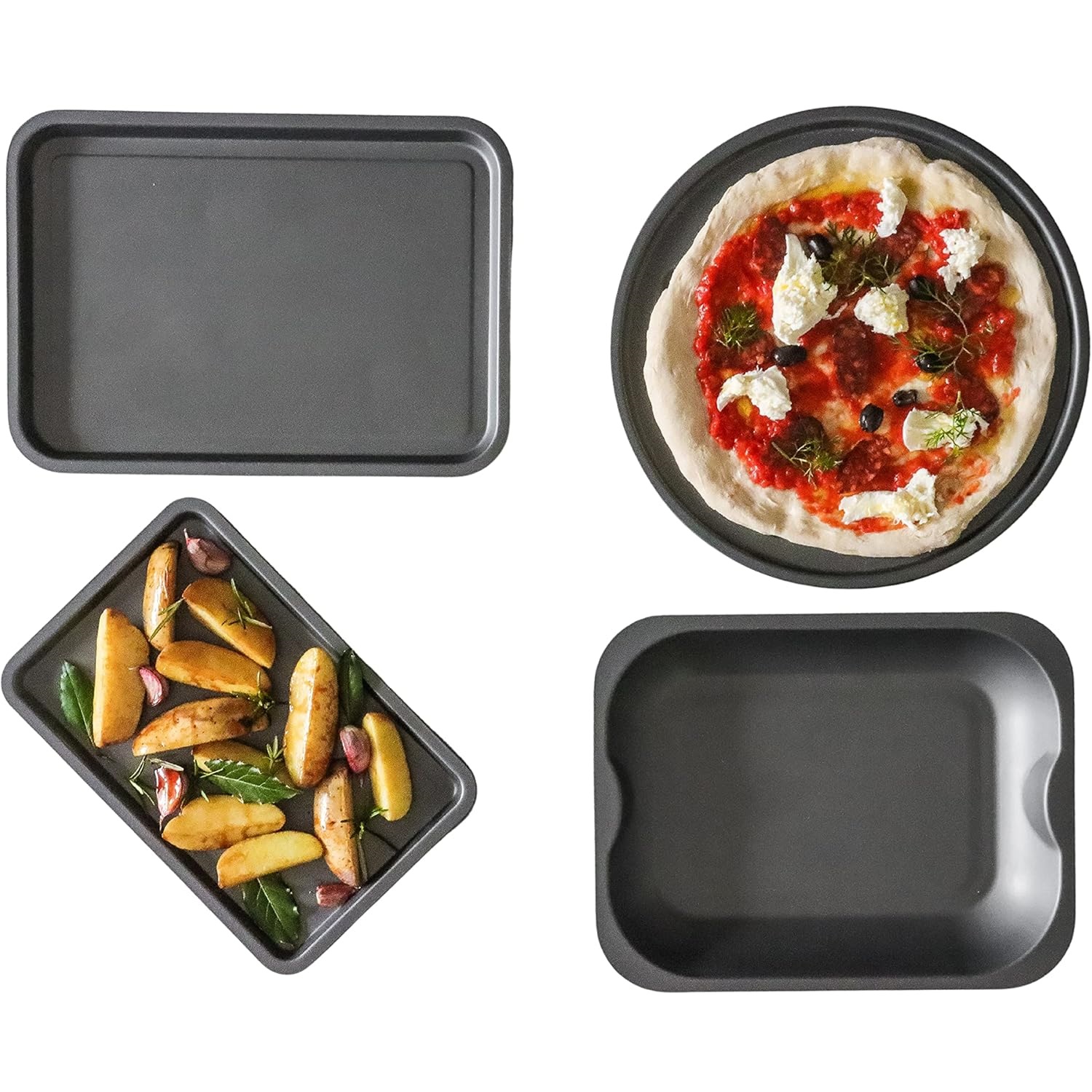 Sets de 4 plats de cuisson antiadhésifs, 2 plaques de cuisson - plaque à pizza - plat à rôtir master class - kitchencraft