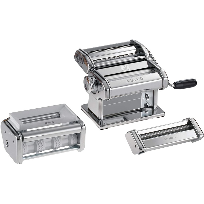 Machine a pates manuelle atlas 150 design chrome + accessoires a ravioli et spaghetti - marcato