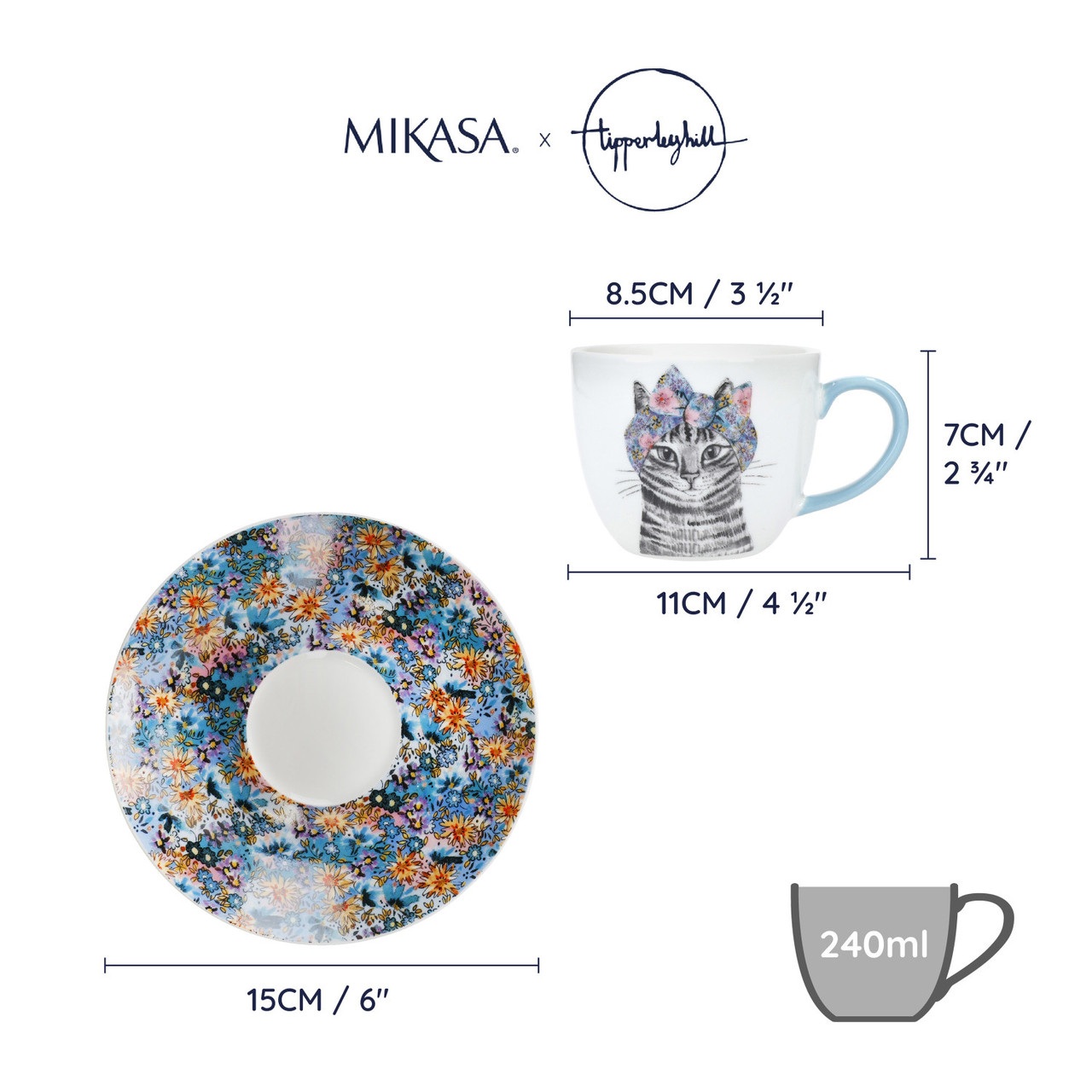 Tasses à thé et soucoupes en porcelaine fine mikasa x tipperleyhill, lot de 2, 240 ml - kitchencraft