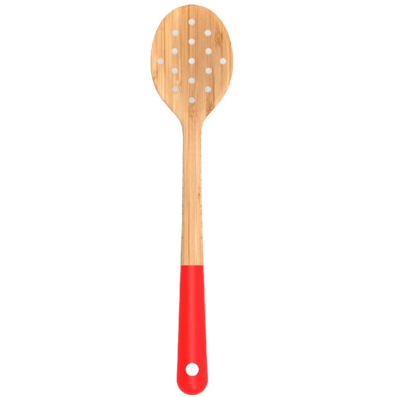 Cuillere ajouree a goute en bambou 38 cm bord rouge - pebbly