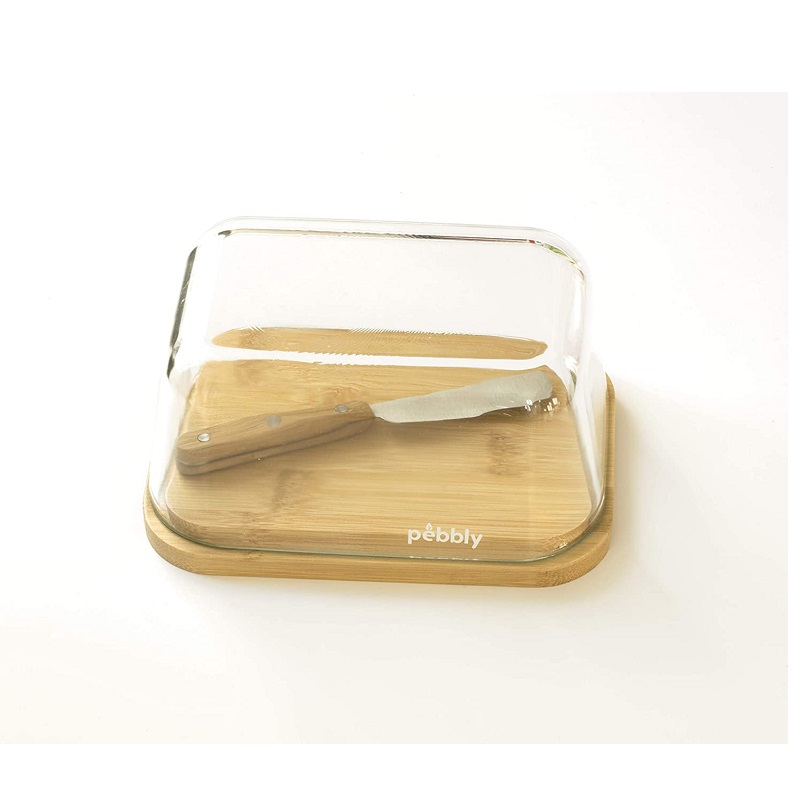 Set beurrier en verre et bambou avec couteau a beurre - pebbly