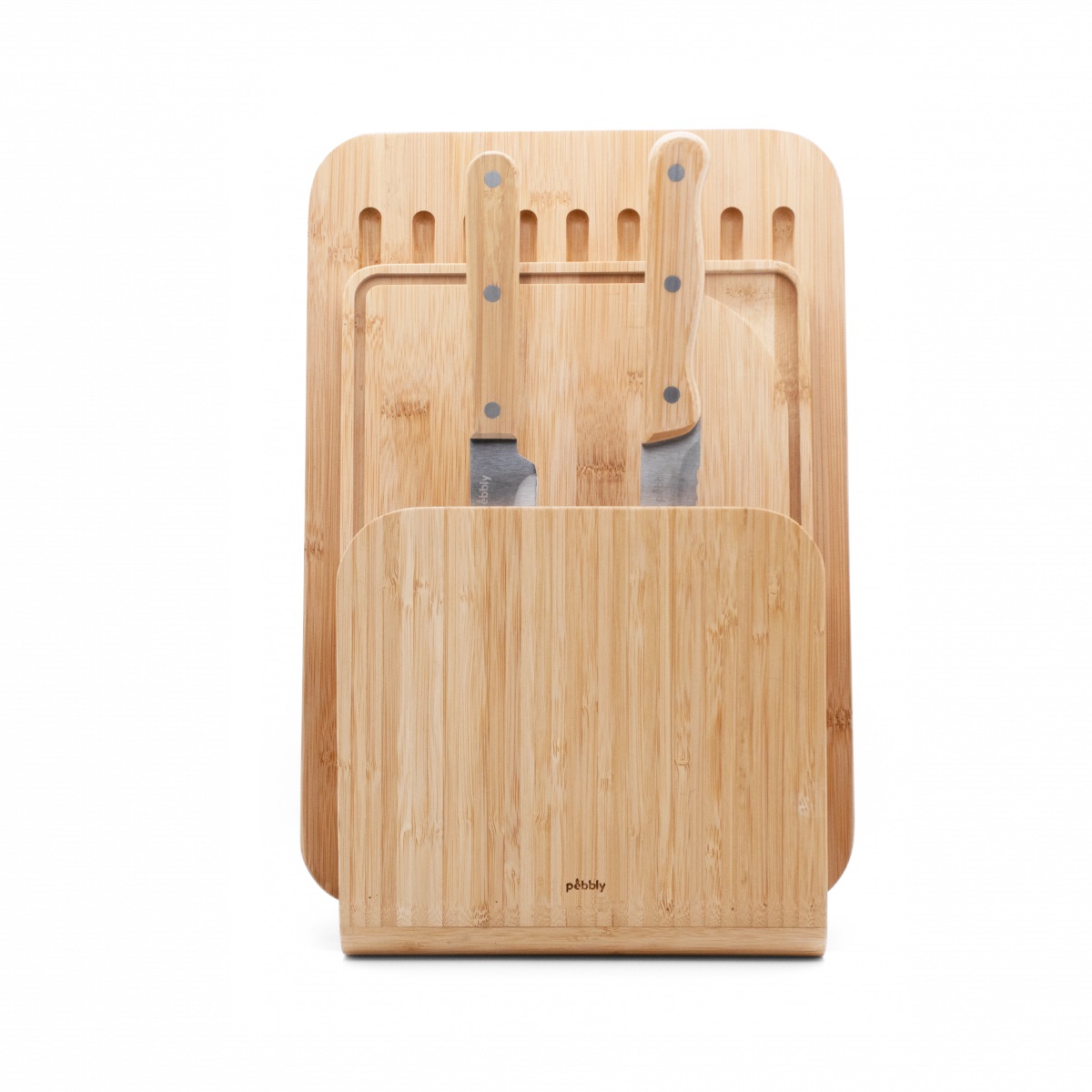 Coffret affûté composé de 2 planches à découper en bambou et 2 couteaux - pebbly