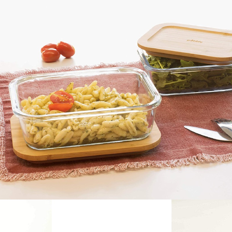 Plat boite en verre rectangulaire avec couvercle en bambou 640ml - pebbly