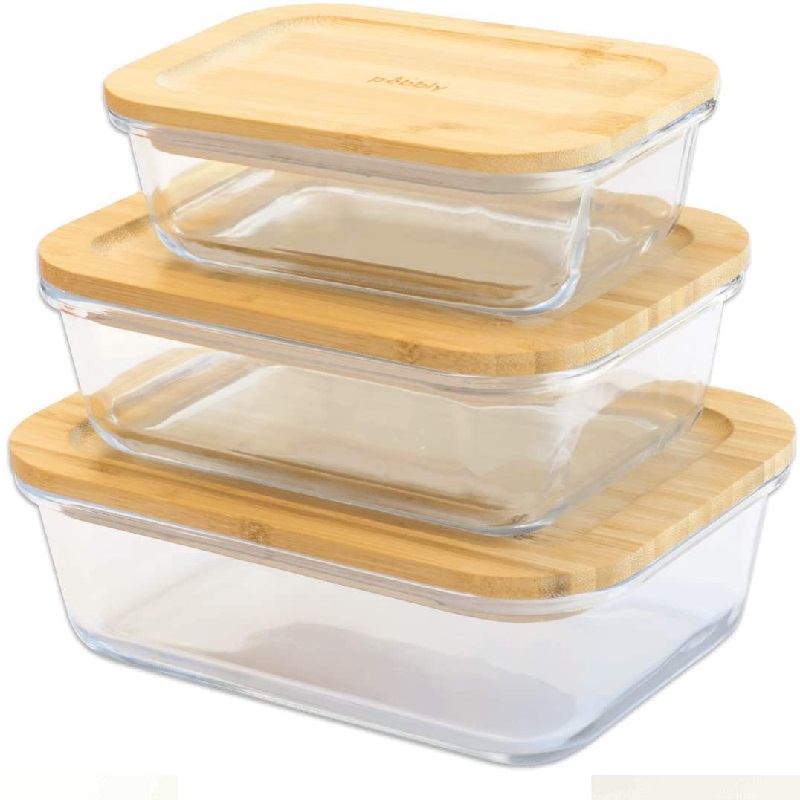 Plat boite en verre carre avec couvercle en bambou 520 ml - pebbly